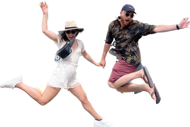 Mary and Cole jumping in the air